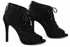 ZARA BASIC BLACK SUEDE PERFORATED LACE UP PEEP TOE STILETTO BOOTIES 38 US 7.5